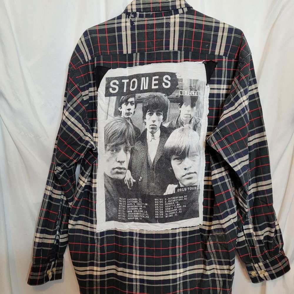 Rolling Stones Upcycle Button Up Plaid Shirt Tommy Hilfiger Size Large